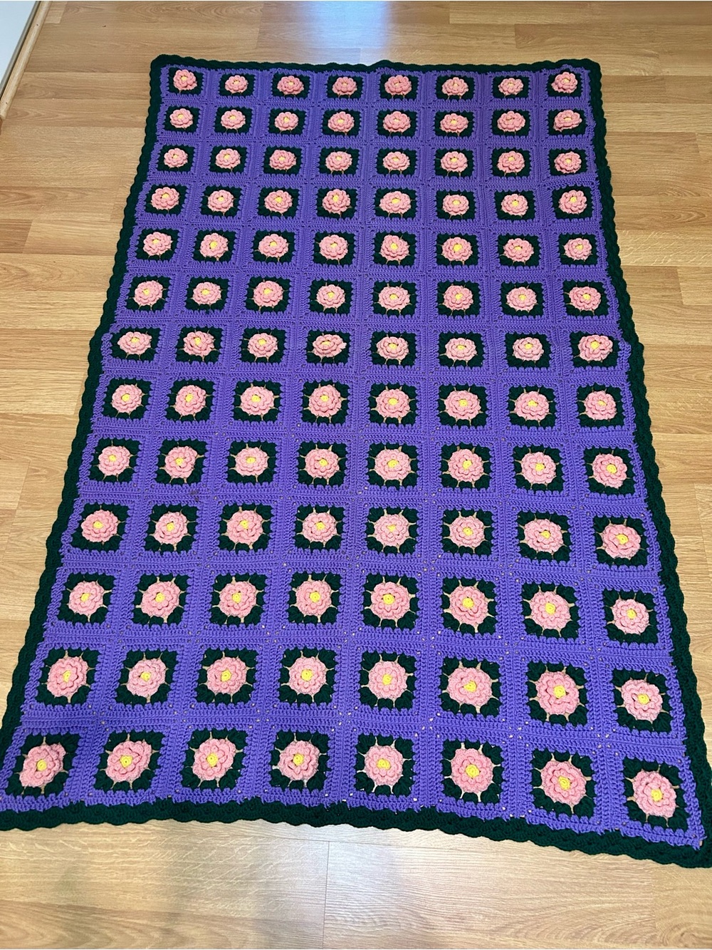 Handmade Floral Granny Square Afghan - Purple, Pink & Green. 46 in x 70 in